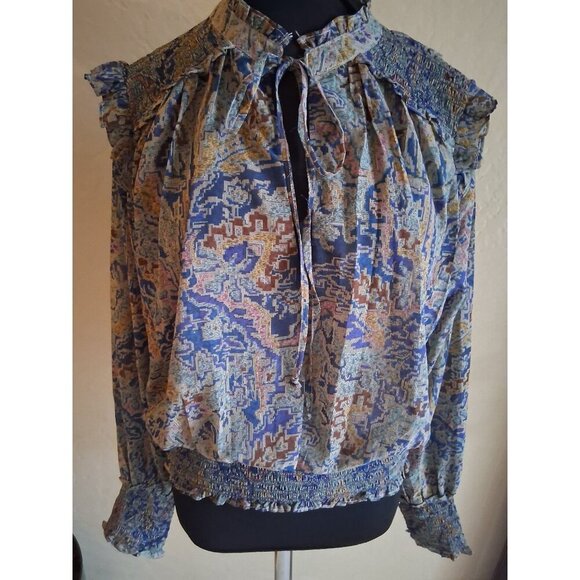 Elan Tops - Elan Boho Chic Paisley Print Smocked Blouse Medium